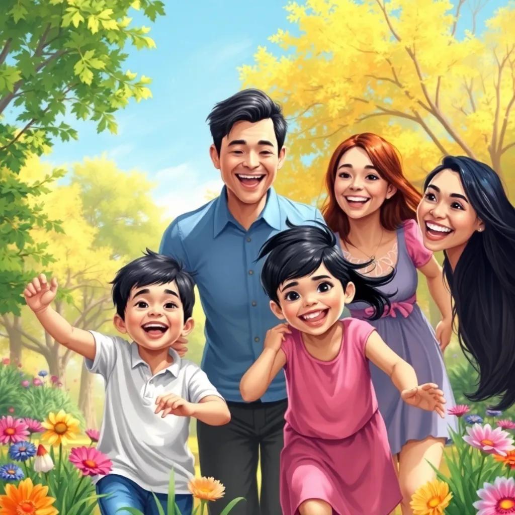 A happy family, consisting of a father, a mother, a boy named Said with short black hair, and a girl named Jamila with long black hair, playing in a sunny park with trees and colorful flowers, digital art, vibrant colors, cheerful atmosphere, high quality