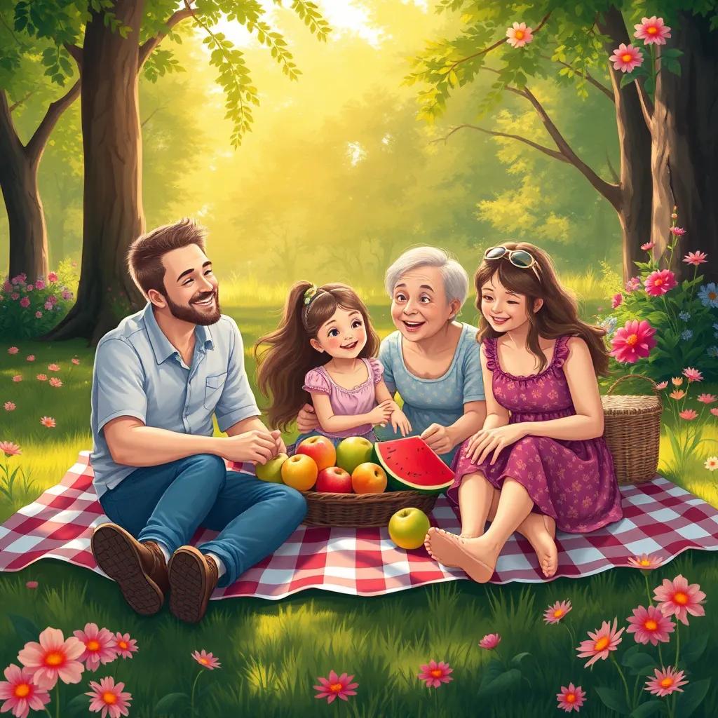 A joyful family sitting on a picnic blanket in the park, with fresh fruits like apples and watermelon, surrounded by greenery and bright flowers, illustration, family-friendly, warm light, heartwarming