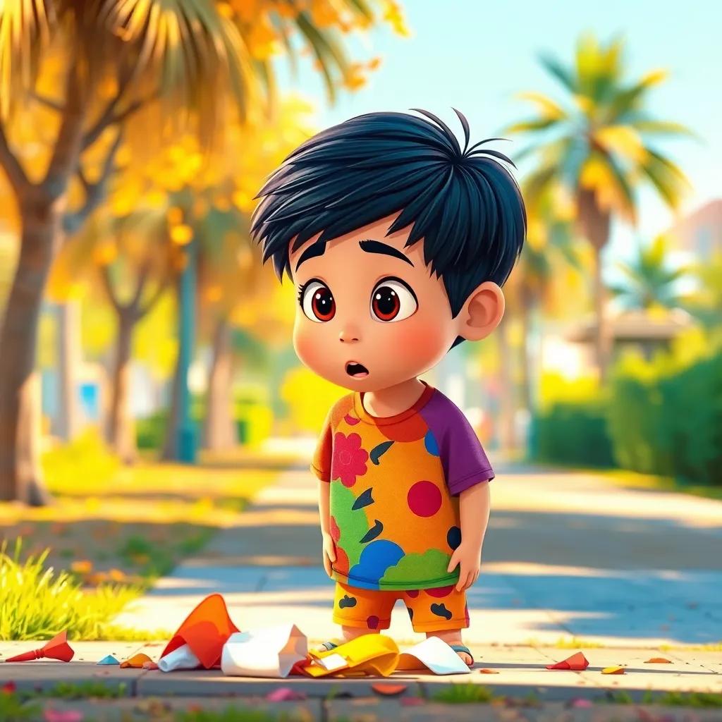 A young Arab boy, Sami, with short black hair wearing a colorful t-shirt and shorts, looking surprised at litter on the ground in a bright sunny park, detailed digital art, warm colors, cheerful atmosphere, high quality