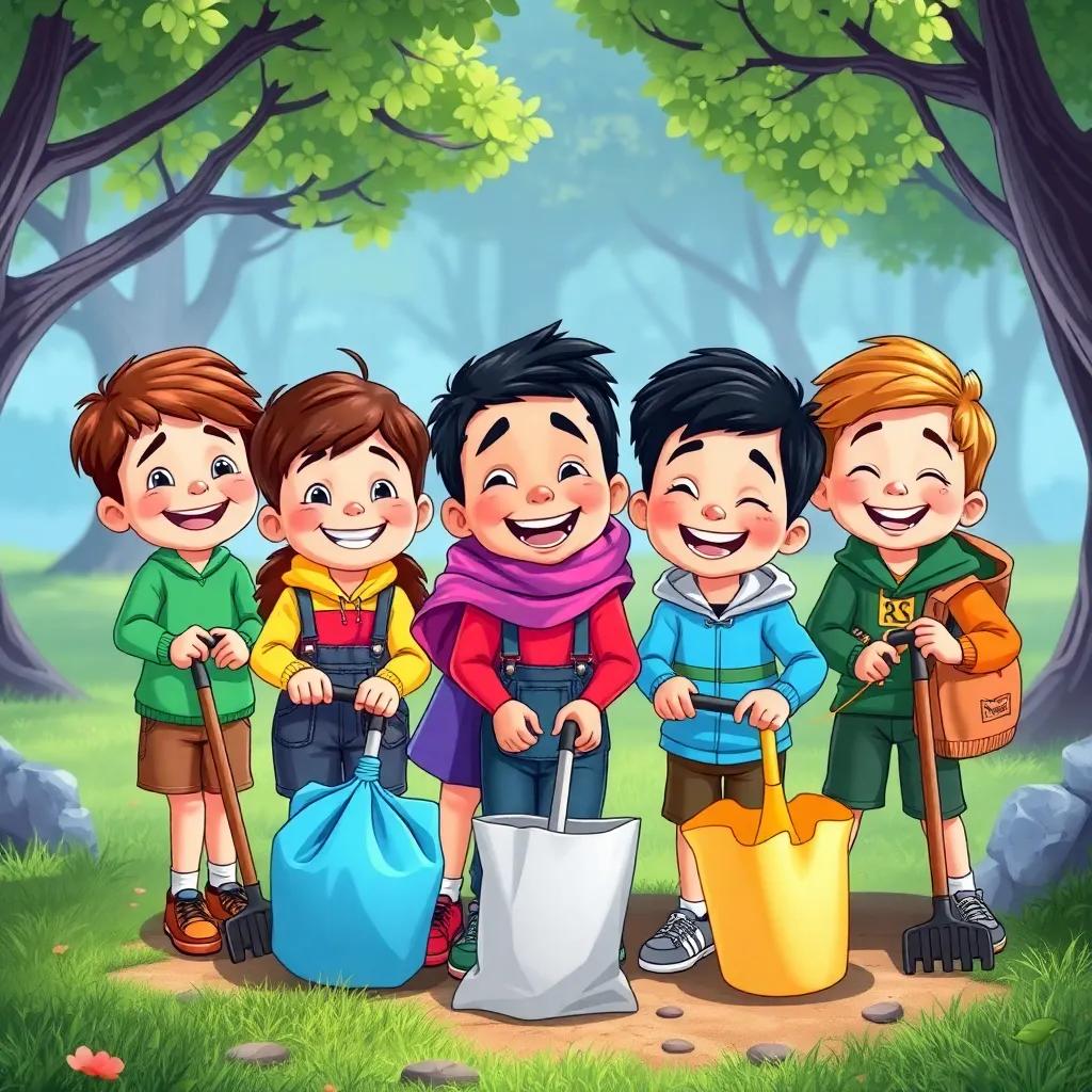 A group of happy children, including Sami, with various hair types and clothes, working together to clean the park, smiling and laughing, colorful illustration, bright colors, uplifting scene, high quality
