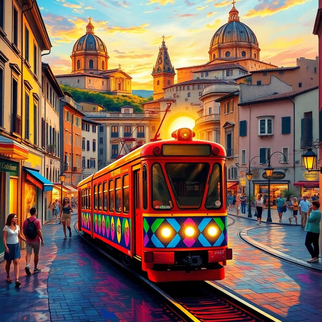 A bright, colorful train moving through the lively streets of a unique Roman city, old castles and happy people in the background, at sunset, digital art, vibrant colors, joyful atmosphere, high quality