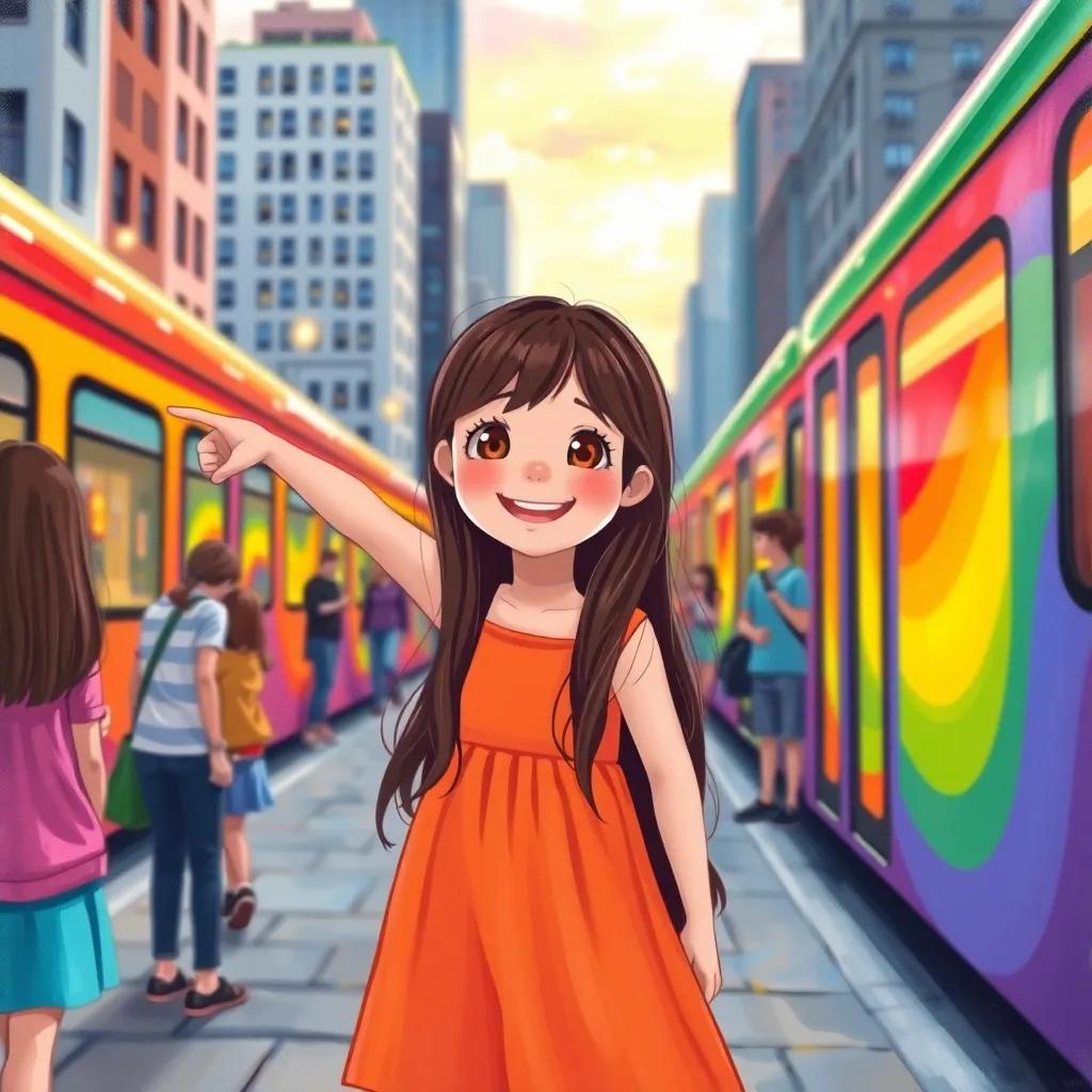 A joyful girl named Leila with long brown hair wearing a bright dress, standing on the sidewalk with her friends, excitedly pointing at the rainbow-colored train, city buildings in the background, cheerful, child-friendly illustration, warm light, inviting scenery