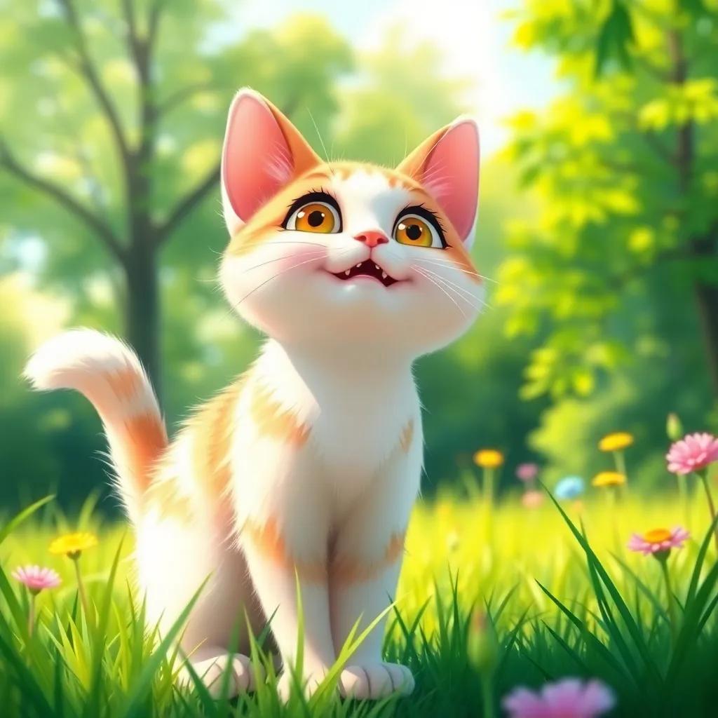 A beautiful cat named Lulu with soft fur, standing in a sunny meadow, excitedly looking towards a lush green forest, vibrant colors, playful atmosphere, cartoon style, high quality