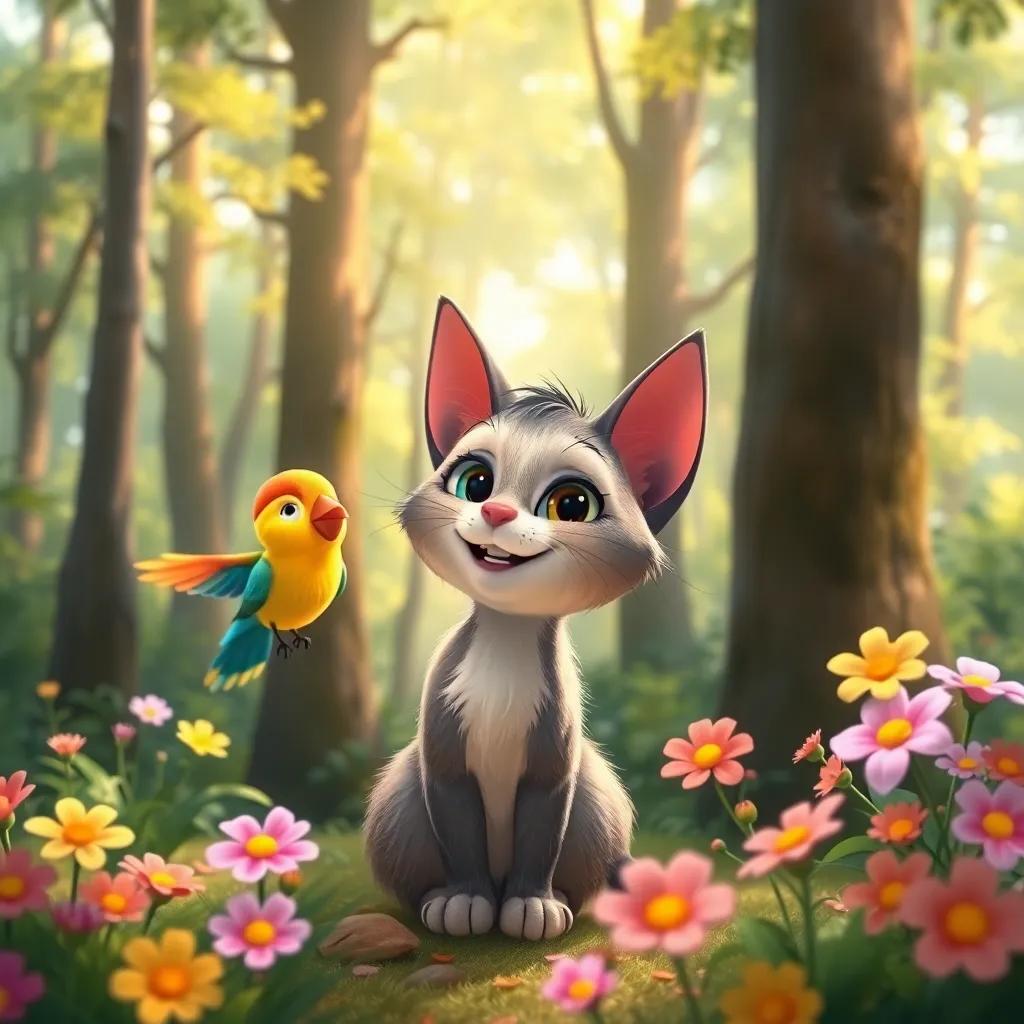 A lively scene in the forest with Lulu the cat and a colorful bird, surrounded by tall trees and bright flowers, Lulu's eyes sparkling with joy, cheerful, nature theme, bright light, child-friendly illustration