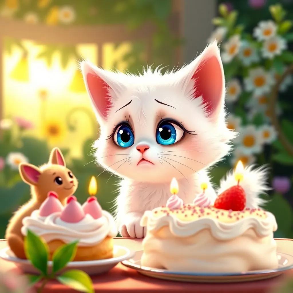 A small cat named Loli, with fluffy white fur and bright blue eyes, looking sad as she watches her friends eat delicious cake, cheerful garden background, soft sunlight, heartwarming, child-friendly