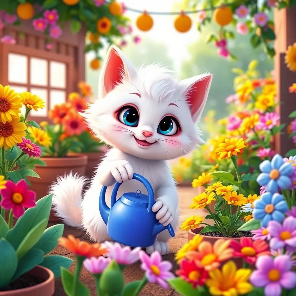 Loli the small cat, with fluffy white fur and blue eyes, working happily in a colorful flower garden, watering plants and chatting with friendly neighbors, vibrant colors, warm atmosphere, engaging