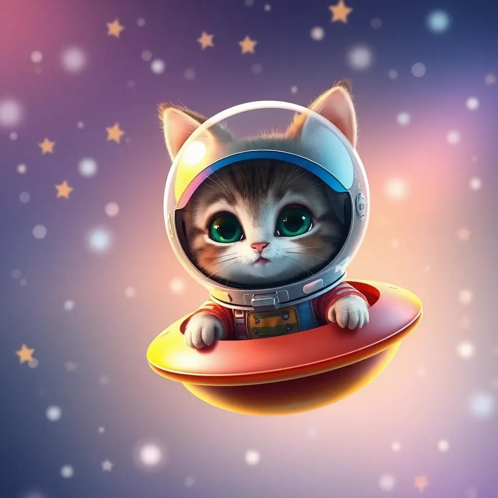 A small cat, Toto, with a shiny, silver space helmet and a colorful space suit, flying in a bright, starry sky in a small flying saucer, digital art, vibrant colors, magical atmosphere, high quality