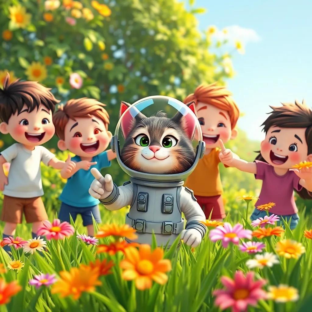 A group of cheerful children playing in a garden, excitedly pointing at Toto, the cat in a space suit, wearing a helmet, surrounded by green grass and colorful flowers, bright sunlight, cheerful scene, cartoon style, high quality