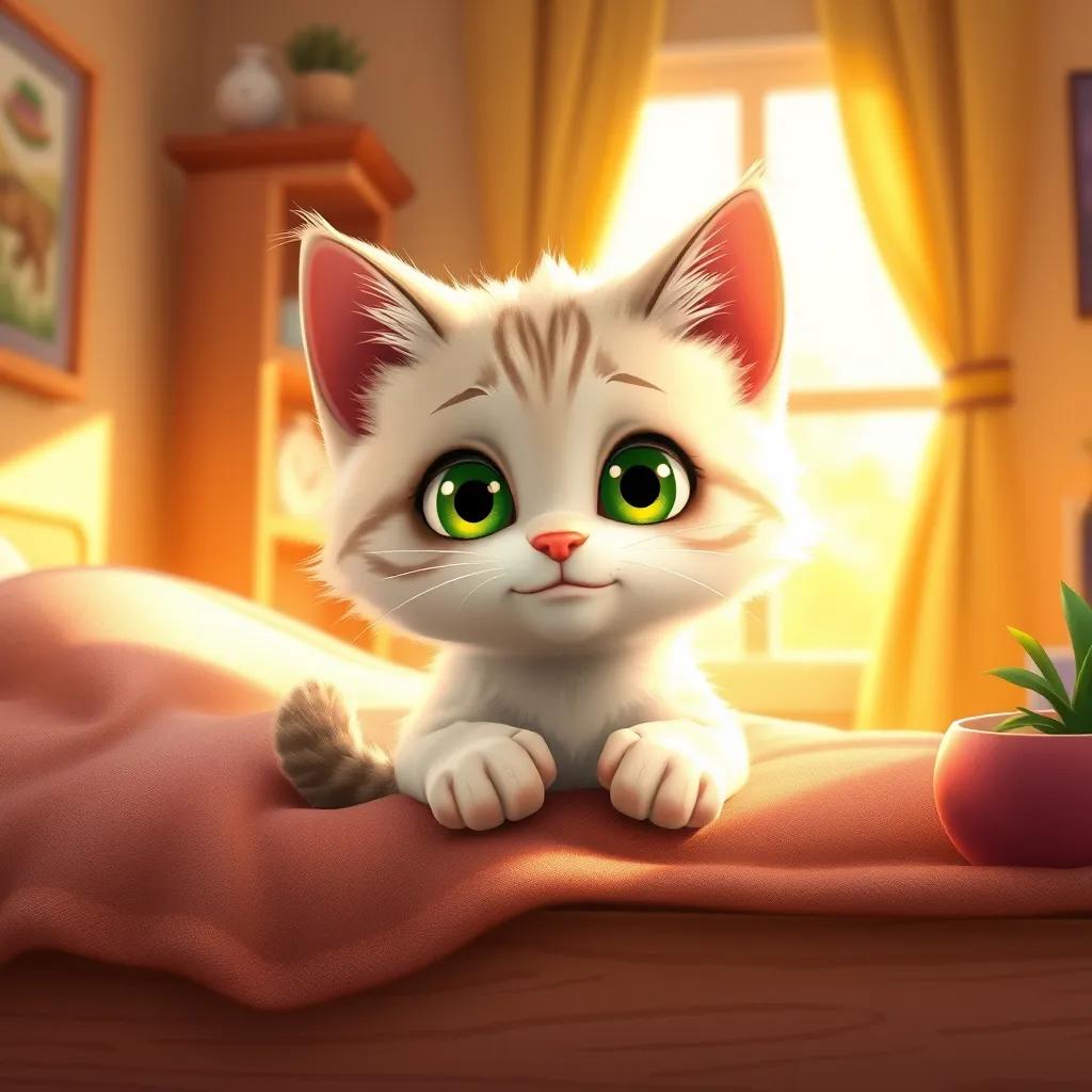 A cute small cat, Lolo, with fluffy fur and bright green eyes, waking up early in a cozy house, detailed digital art, warm colors, cheerful atmosphere, high quality