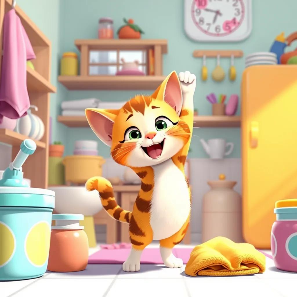 Lolo, the small cat, cleaning the house, playfully jumping to reach high places, surrounded by bright household items, colorful and lively, joyful scene, illustration, child-friendly