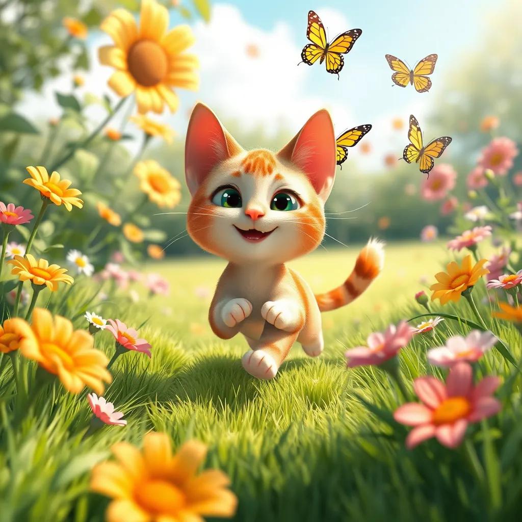 Lolo, the small cat, playing in a sunny garden, running after butterflies, with a backdrop of vibrant flowers and green grass, cheerful colors, wide-angle view, lively illustration