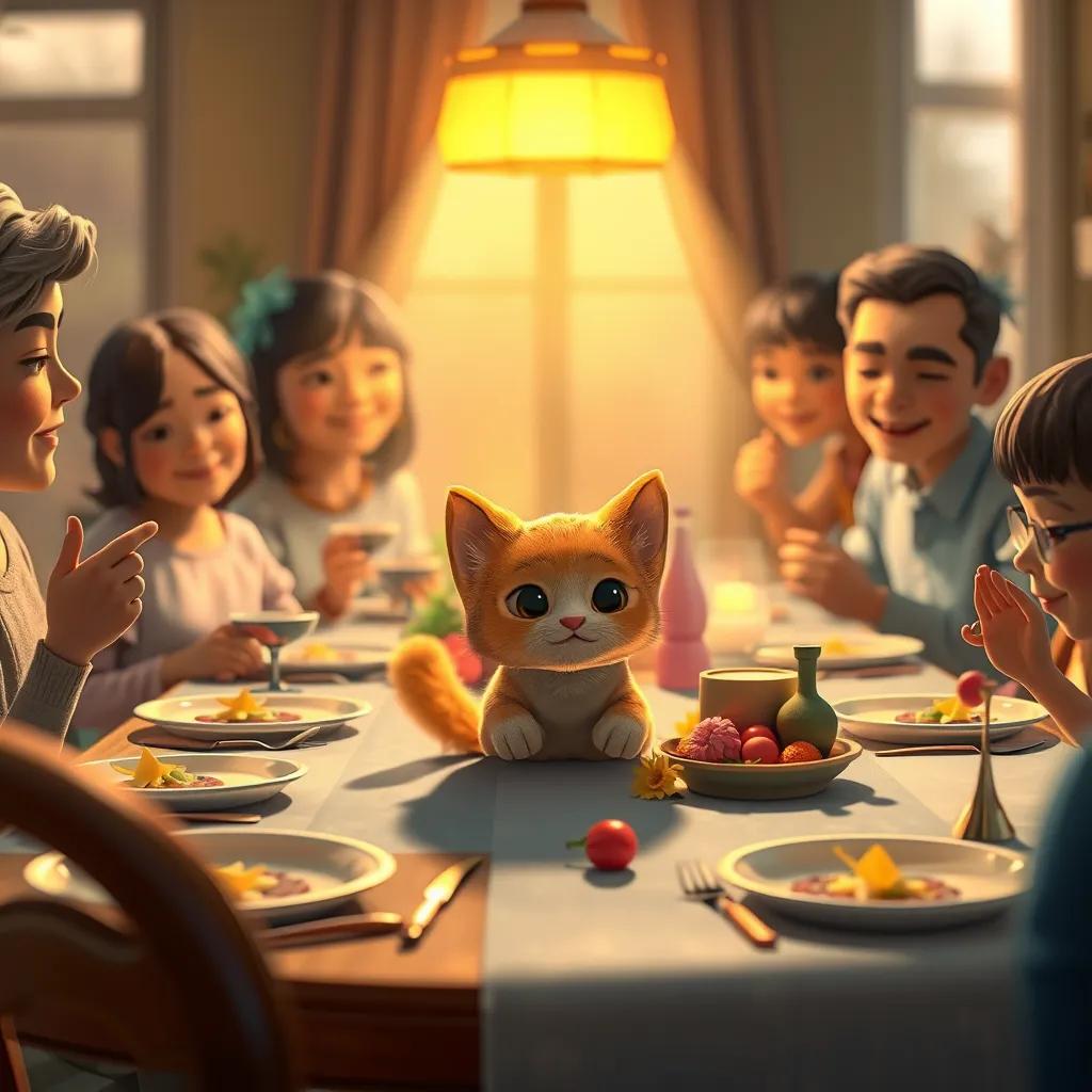 A busy scene with Lolo, the small cat, helping during a family gathering, setting a beautiful table with small decorations, warm and inviting light, colorful and heartwarming, digital art