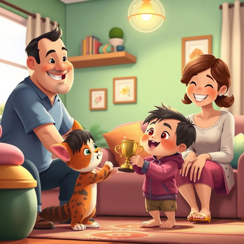 Lolo, the small cat, receiving a small trophy from a smiling child, surrounded by family members, in a cozy living room, colorful, uplifting, happy moment illustration