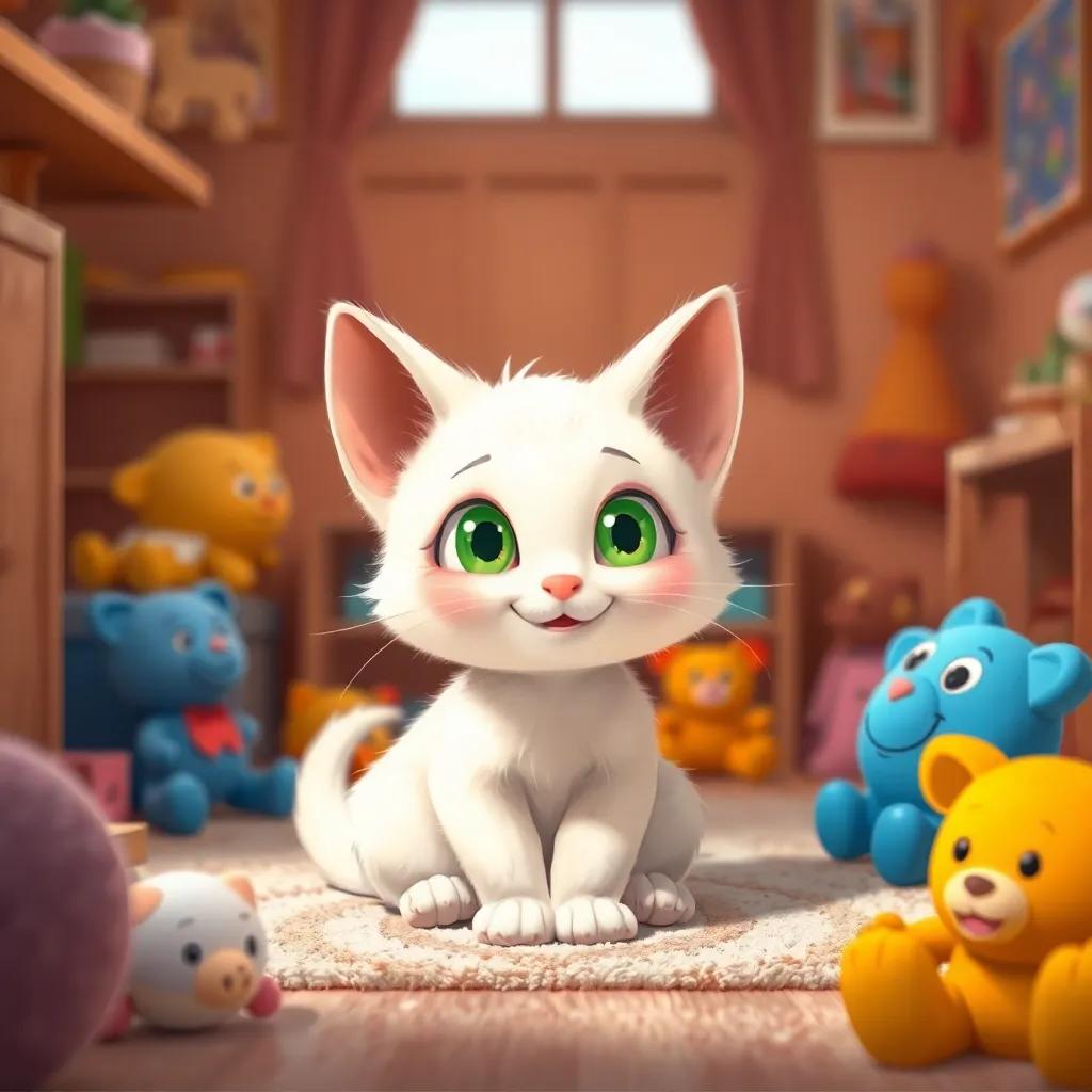 A small cute cat, Mimy, with white fur and green eyes, sitting happily in a cozy room surrounded by toys, looking curious, digital art, warm and inviting colors, cheerful atmosphere, high quality