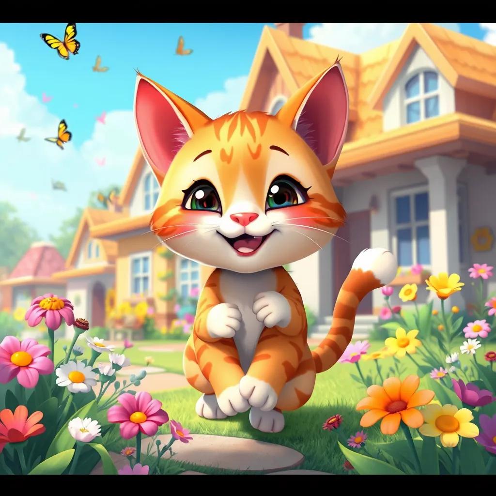 A small cat, Mia, playing in a sunny village, surrounded by colorful flowers and butterflies, happy atmosphere, digital art, bright colors, cheerful scene, illustration