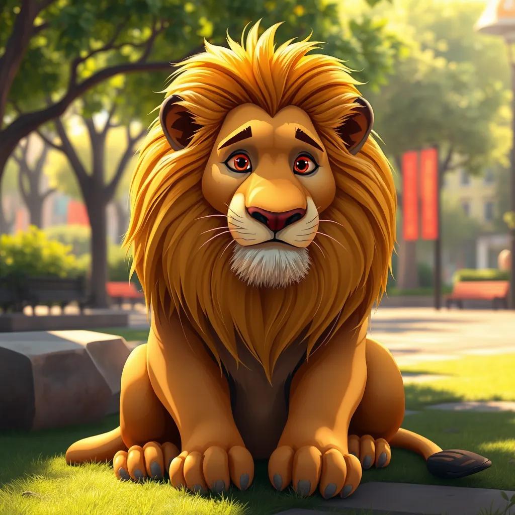 A majestic lion with a golden mane, sitting in a city park, looking strong and friendly, bathed in sunlight, inviting surroundings, digital painting, lively colors, warm light