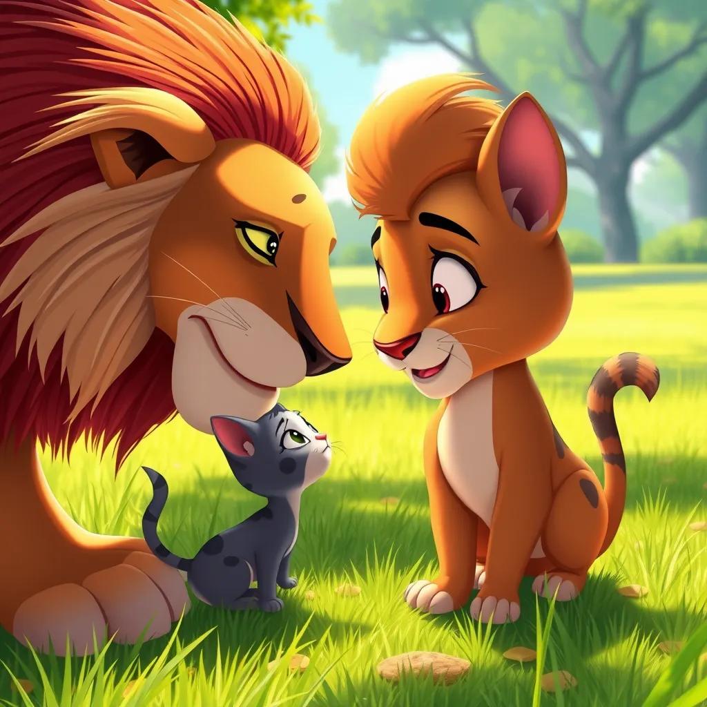 Mia, a small cat, softly approaching the lion with curiosity, both exuding friendliness, in a sunny park setting with green grass, vibrant colors, illustration