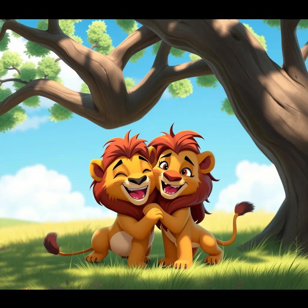 Mia and the lion playing together under a large tree, joyful expressions on their faces, bright blue sky above, cheerful colors, heartwarming feel