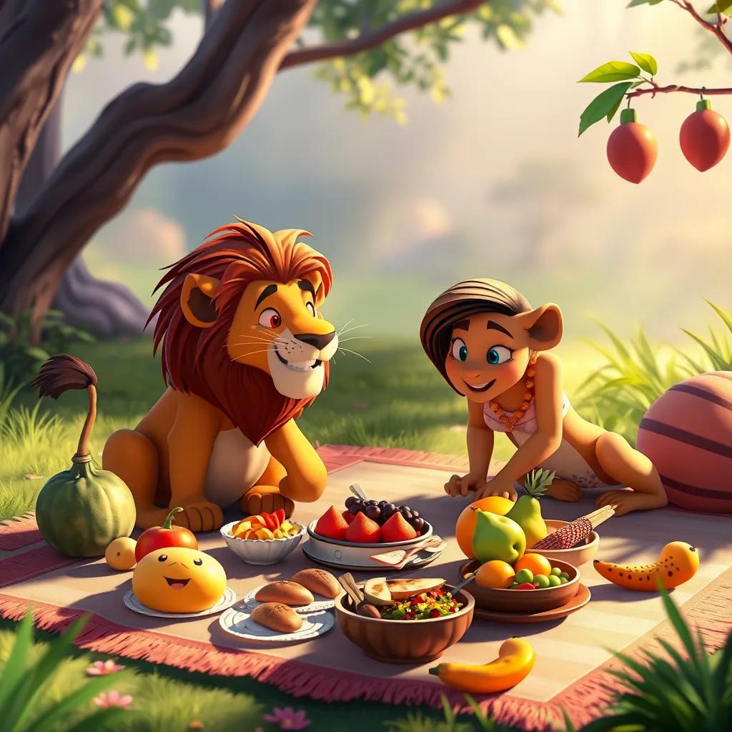 The lion inviting Mia for lunch, with various fruits and food laid out on a blanket, sharing a delightful meal, friendly setting, warm light, colorful surroundings
