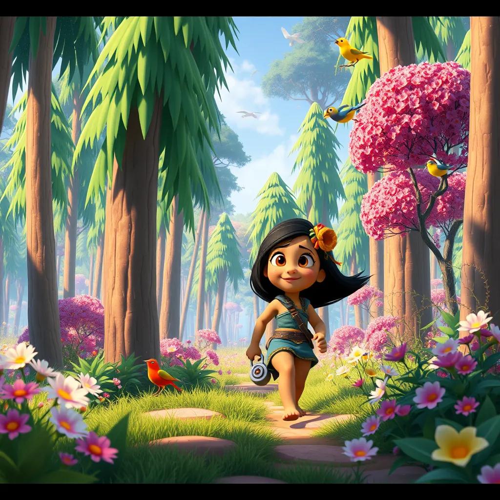 Mia and the lion exploring a colorful forest filled with long trees, blooming flowers, and chirping birds, adventure-themed atmosphere, bright and vibrant colors