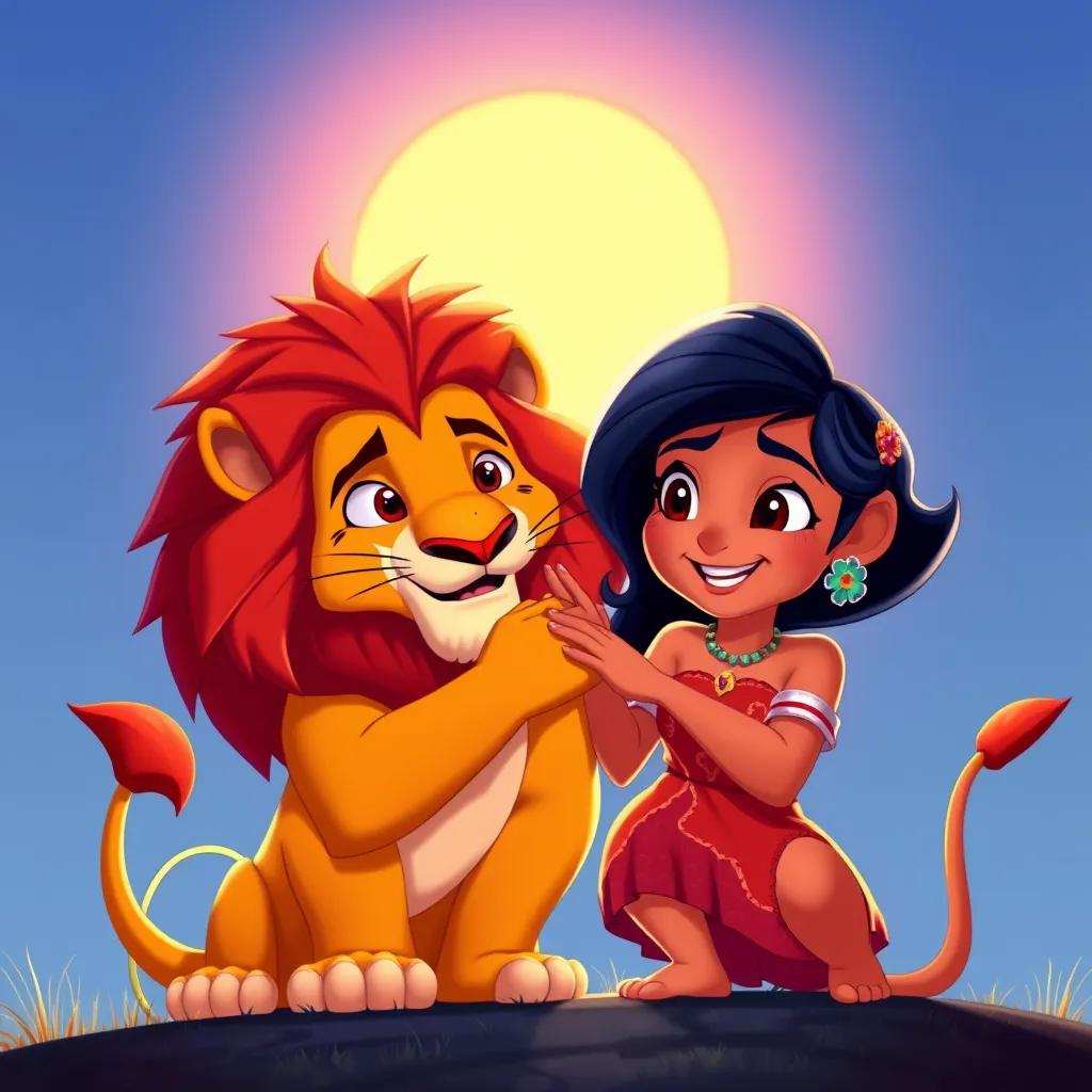 Mia and the lion supporting each other, with encouraging gestures under the sun, showing true friendship, bright colors, heartwarming details