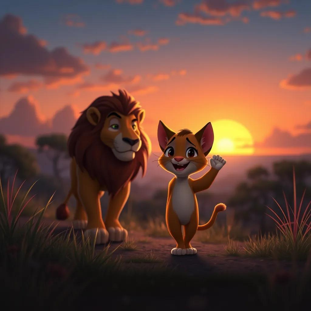 Mia, the small cat, returning home at sunset, with a happy smile, waving goodbye to the lion, surrounded by gentle colors of the sunset, touching scenery