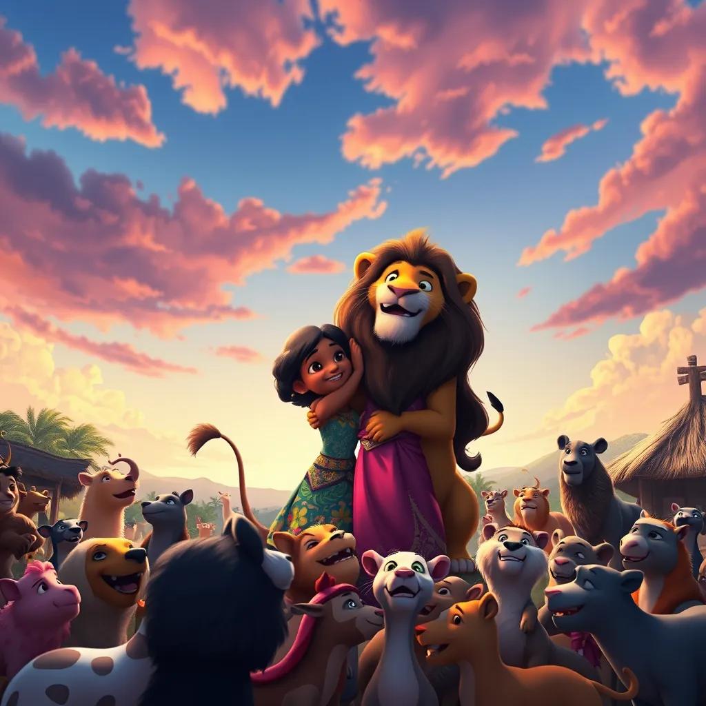 Mia and the lion, symbolizing friendship, with animals from the village gathering around them, celebrating together under a colorful sky, uplifting scene, community spirit
