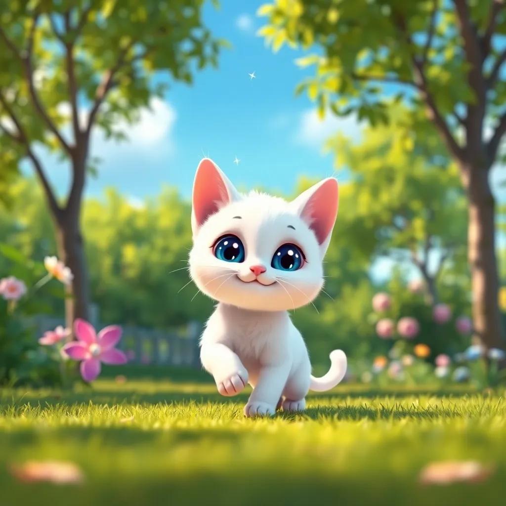 A small white cat, Luli, with shiny eyes like stars, playing in a sunny garden surrounded by green trees and blue sky, cheerful and vibrant colors, warm light, inviting atmosphere, high quality