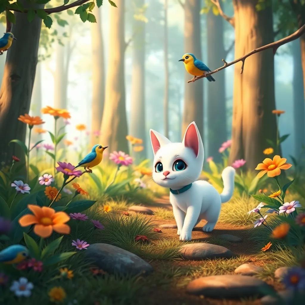 Luli, the small white cat, cautiously entering a magical forest with colorful flowers and tall trees, accompanied by her friend, a little bird named Zain perched on a branch, curious and adventurous, charming setting, bright colors, enchanting vibe, friendly atmosphere, high quality