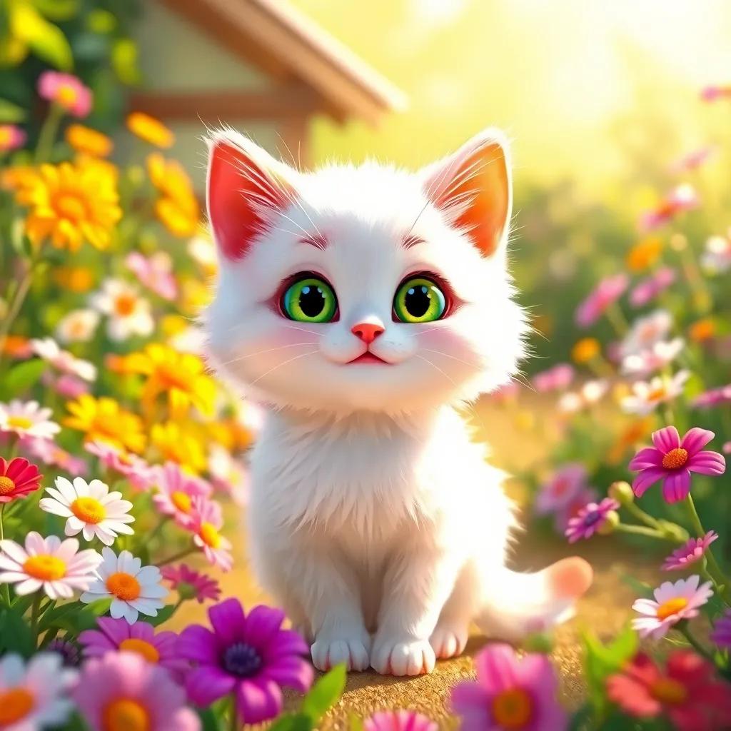 A small cat, مجتهدك, with fluffy white fur and bright green eyes, standing confidently in a sunny garden surrounded by colorful flowers, cheerful atmosphere, vibrant colors, playful scene, digital art, high quality