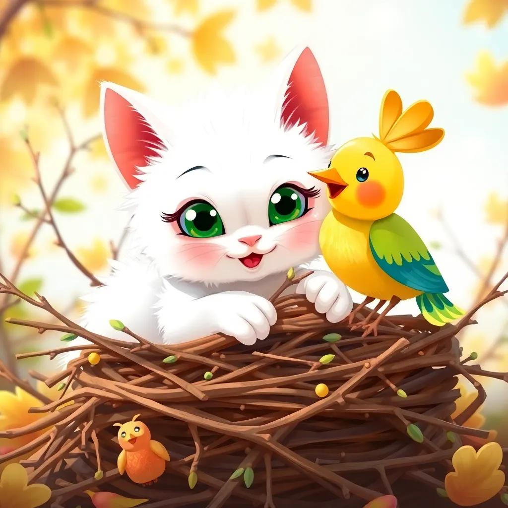 مجتهدك, a small cat with fluffy white fur and bright green eyes, busy gathering twigs with a cheerful bird next to her, creating a cozy nest, colorful illustration, sunny day, joyful teamwork, child-friendly