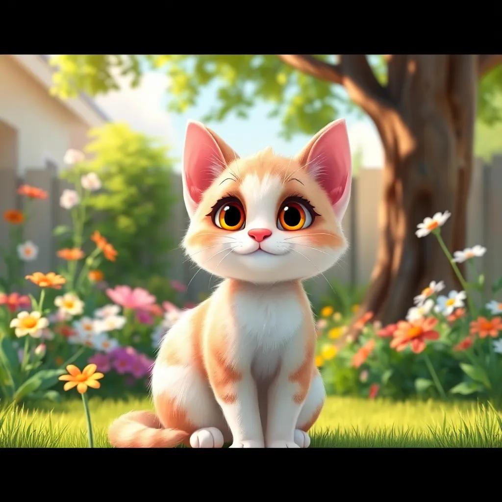 A cute little cat, Mya, with soft fur and curious eyes, sitting in a sunny backyard filled with flowers and a tall tree, digital art, bright colors, cheerful atmosphere, high quality, cozy view