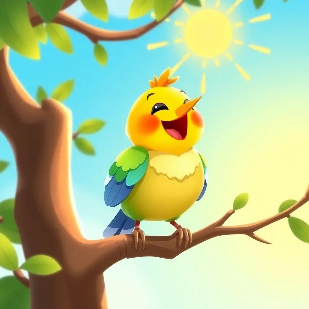 A happy little bird, singing on a tree branch, with colorful feathers and a joyful expression, the sun shining down, illustration, vibrant, playful mood, child-friendly