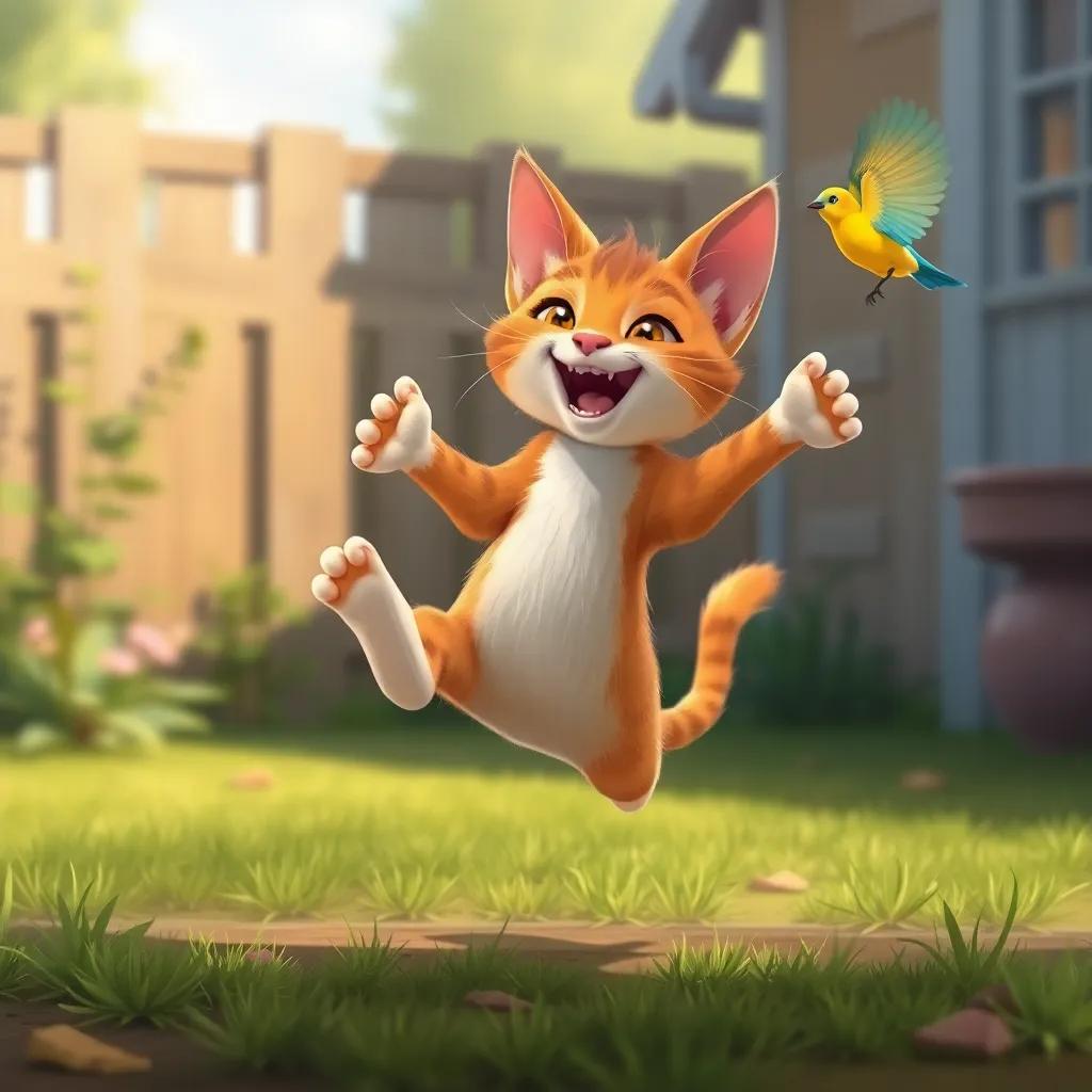 Mya, the little cat, jumping playfully in the yard, joyfully dancing with her paws, while the colorful bird flutters nearby, digital painting, playful energy, lively scene, high quality