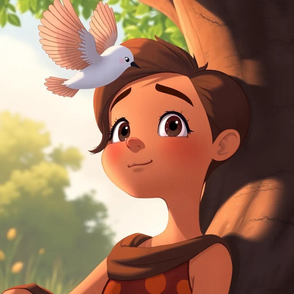 A close-up of Mya taking a break under the tree, her expression curious and thoughtful, with the bird flying above, creating a cheerful vibe, warm light, detailed illustration