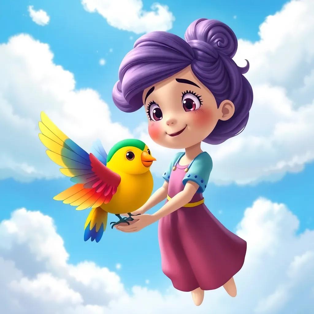 A whimsical dream scene showing Mya imagining herself flying beside the colorful bird, surrounded by soft clouds and bright blue skies, dreamy atmosphere, colorful, magical illustration, high quality