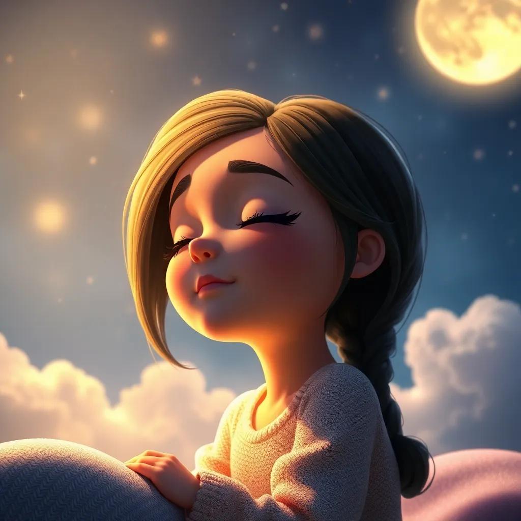 Mya, still imagining flying, with stars and moonlight illuminating her peaceful face, deep in her dream thoughts, gentle light, dreamy imagery, high quality