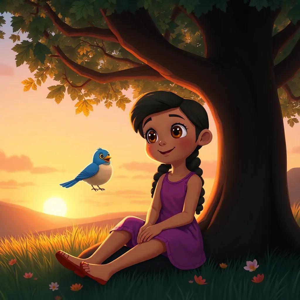 Mya with bright eyes, sitting under the tree sharing her dream with the bird, their expressions warm and friendly, cozy sunset light, high quality, heartfelt illustration
