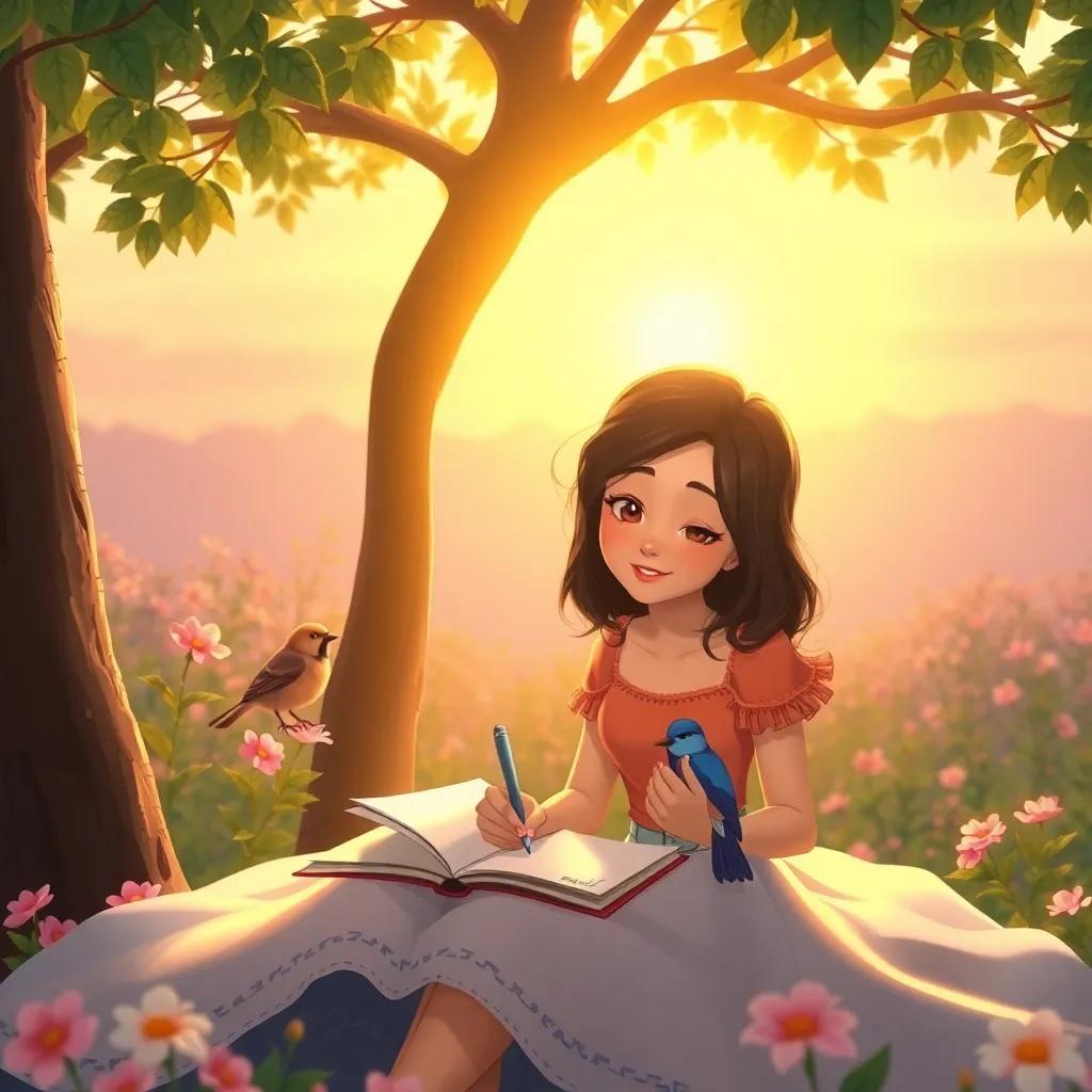 Mya writing in her notebook under the tree, with the bird perched nearby, surrounded by flowers as the evening comes, warm light, inviting scene, high quality