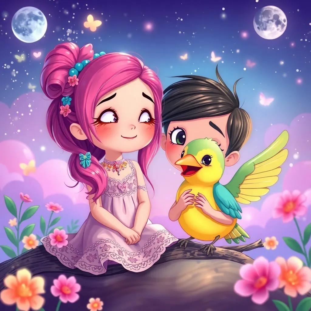 A cute illustration of both Mya and the bird in their dreamy world, enjoying their imaginings, with vibrant colors and lovely details, enchanting scene, high quality