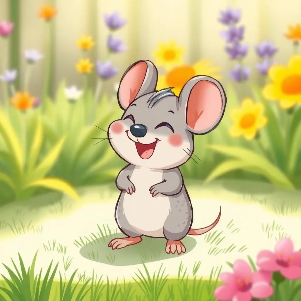 A small gray mouse named Fufu, laughing and looking cheerful, standing on a bright patch of grass in the garden, joyful expression, child-friendly, colorful, delightful scene, high quality