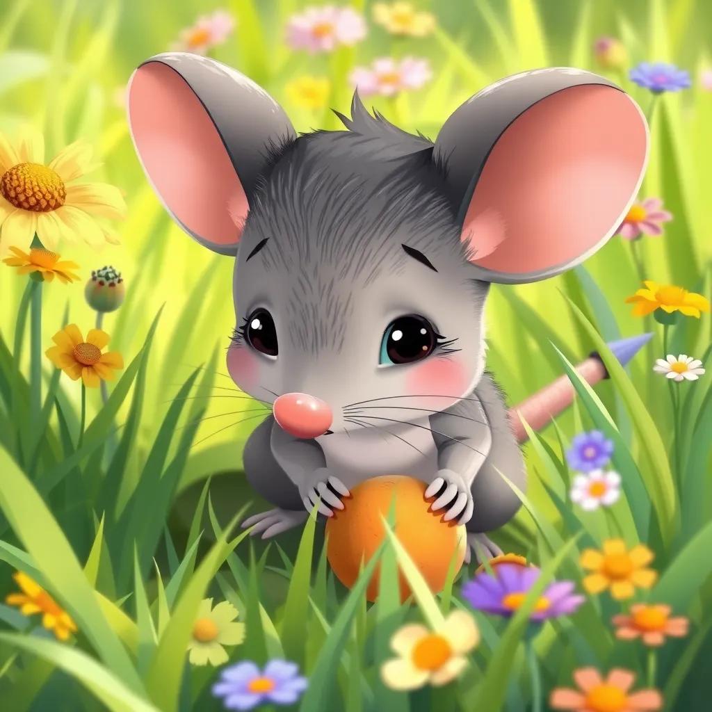 A small gray mouse, Mishu, with a tiny nose and big ears, exploring the garden looking for food, surrounded by green grass and wildflowers, illustration, playful, child-friendly, bright colors