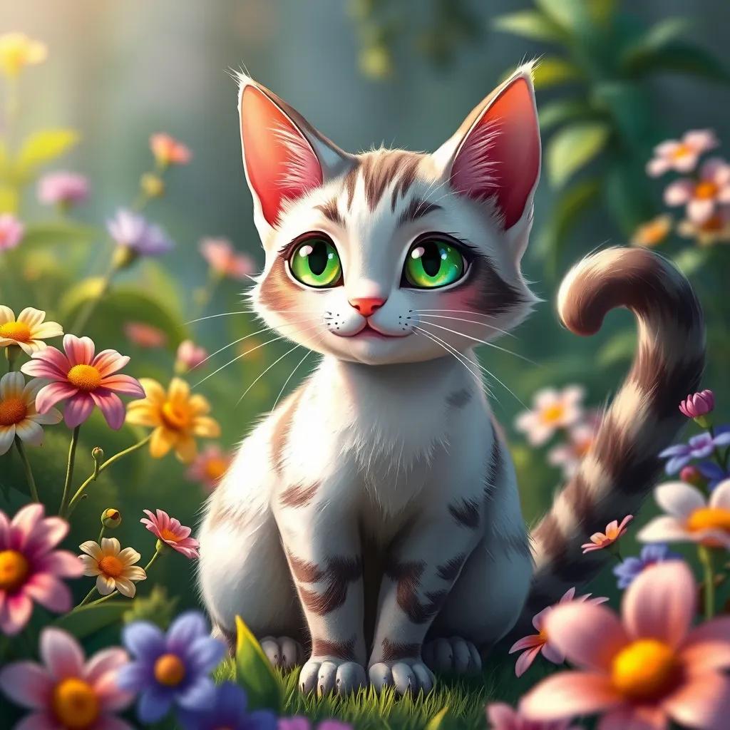 A close-up of Loli the cat sitting in the garden, her bright green eyes sparkling and her tail swishing, colorful flowers around her, digital painting, detailed, vivid colors, uplifting