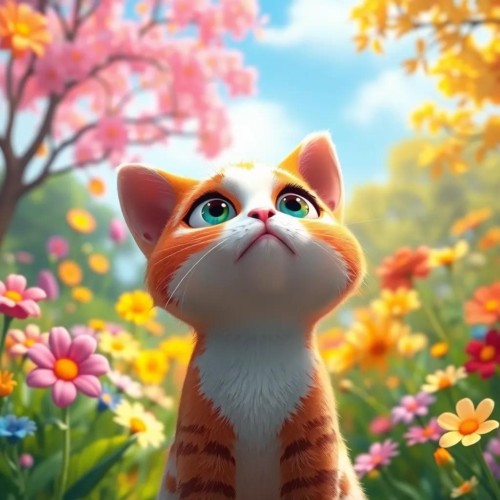 A hungry cat, Mimo, looking up at the sky, with a sad expression and big eyes, in a bright garden with colorful flowers and trees, digital art, vibrant colors, cheerful atmosphere, high quality
