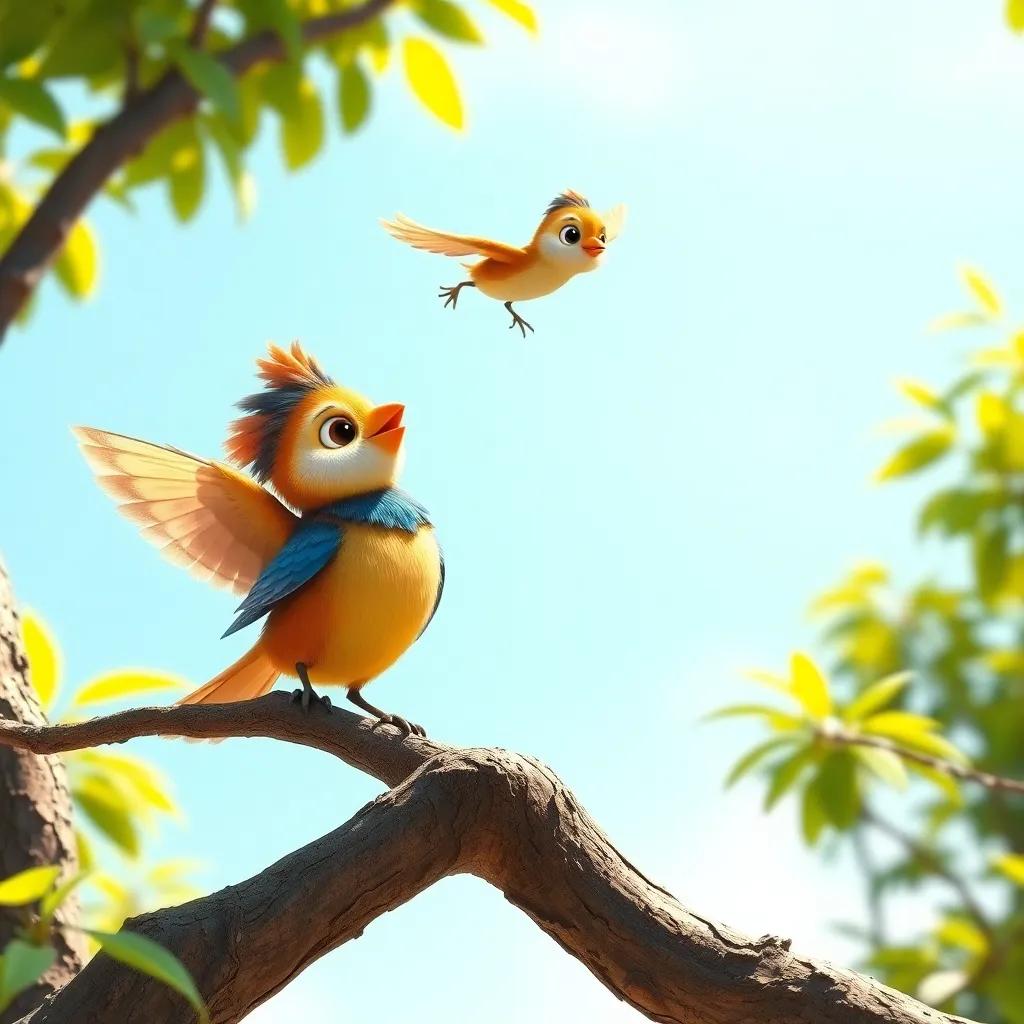A small bird, Sukar, flying above Mimo, with fun feathers and a cute face, standing on a tree branch, looking down at Mimo with a curious expression, joyful scene, bright and sunny, high quality