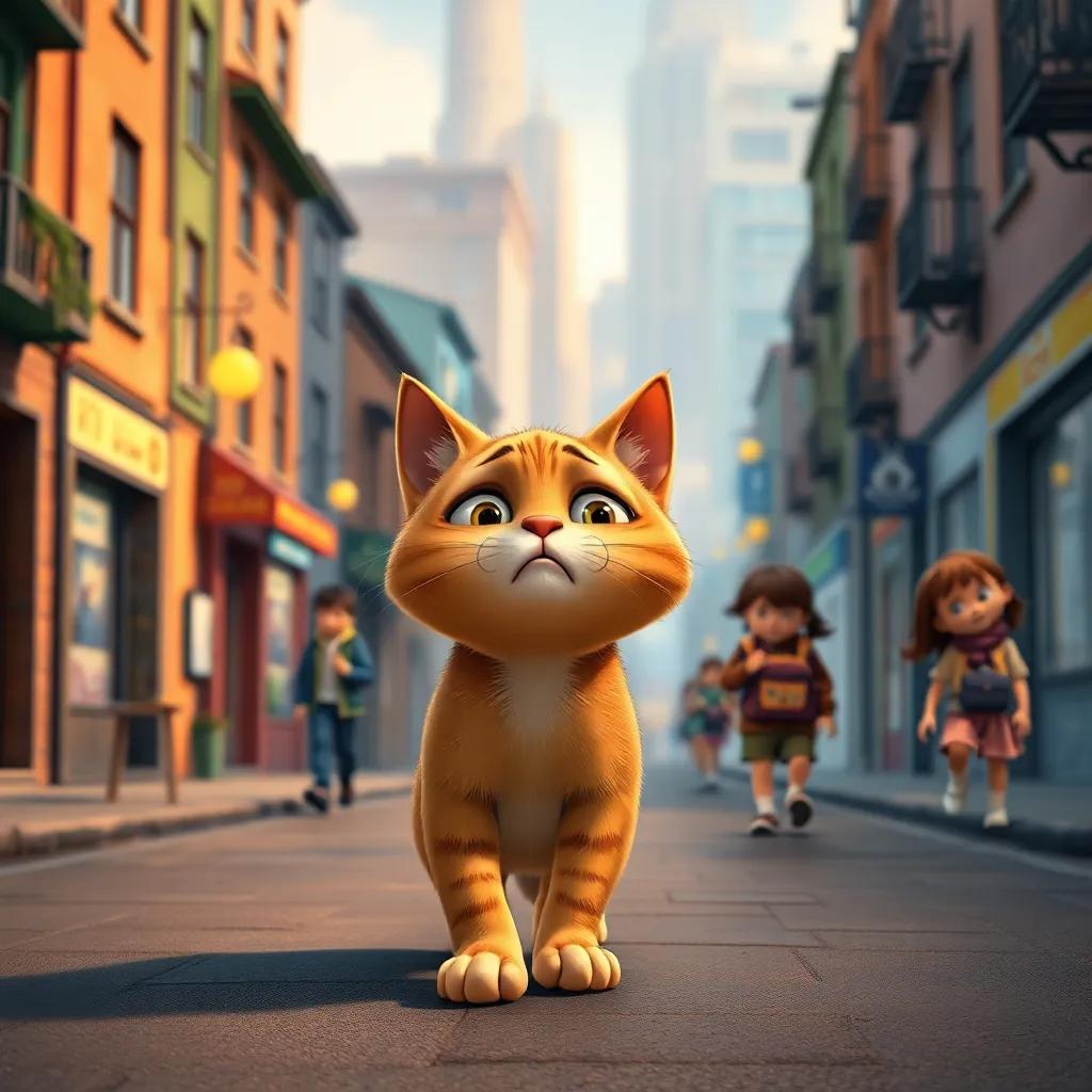 A hungry cat walking on the streets of a small city, looking sad and meowing loudly, with children walking to school, digital art, warm colors, inviting atmosphere, high quality