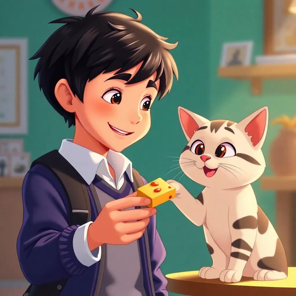 A boy named Majid, with short dark hair, wearing a school uniform, holding a piece of food towards the cat with a friendly smile, vivid colors, heartwarming scene, high quality