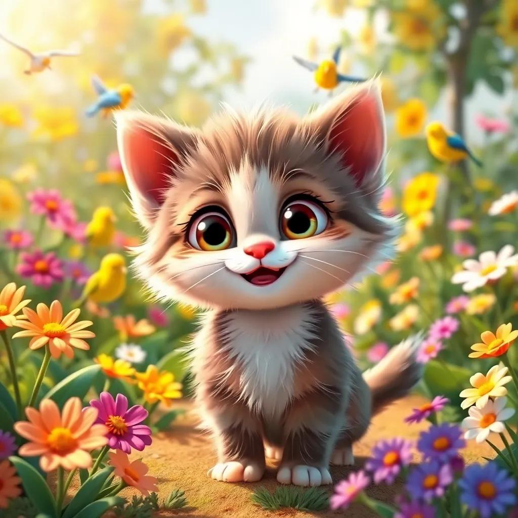 A small cat named Mimi, with fluffy fur and big curious eyes, standing in a sunny garden surrounded by colorful flowers and chirping birds, joyful expression, vibrant colors, digital art, child-friendly, high quality