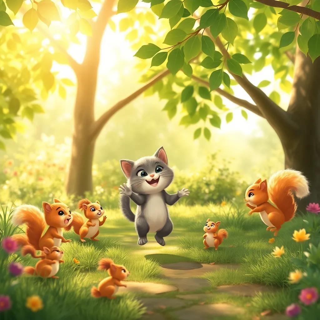 Mimi the small cat playing with tiny squirrels in the garden, jumping and laughing under bright green trees, cheerful scene, warm sunlight filtering through leaves, illustration, lively atmosphere, vivid colors, child-friendly, high quality
