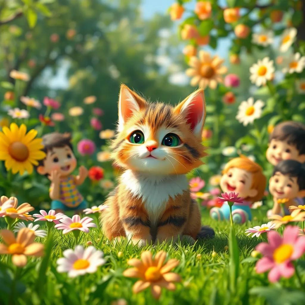 A cute small cat, Mimo, with fluffy fur, sitting in a green garden surrounded by happy children, colorful flowers, bright sunny day, cheerful atmosphere, digital art, vibrant colors, inviting scene, high quality